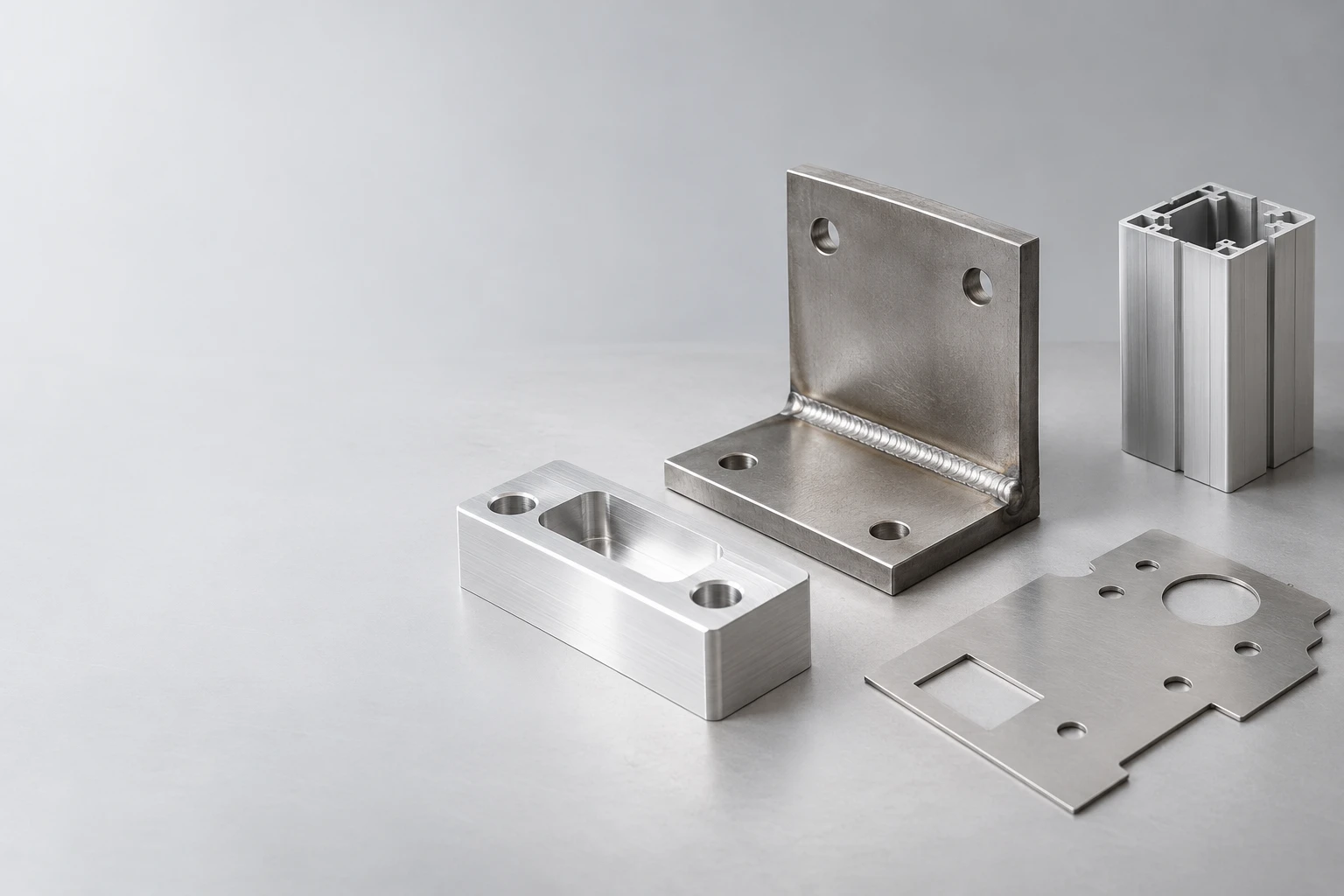 KI-Symbolbild: gefrästes Bauteil, geschweißter Winkel, gestanztes Blech und gesägtes Aluminiumprofil